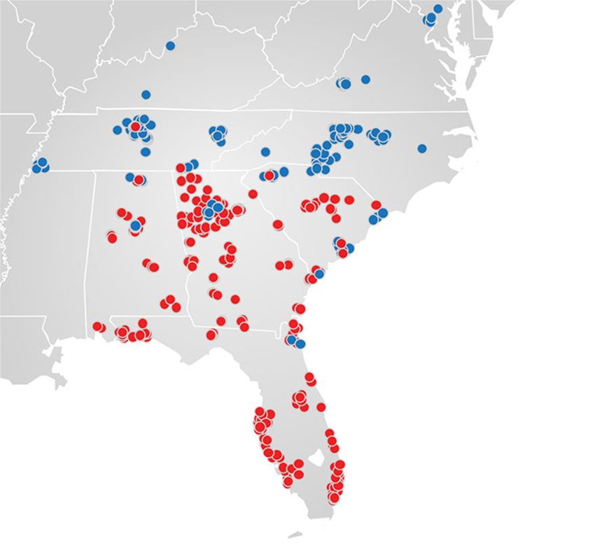 A grayscale map of the southeastern United States showing numerous circular location markers in two colors. Red dots are densely clustered across central and southern Alabama, Georgia, and throughout Florida, with especially heavy concentrations in central Florida and the Florida peninsula. Blue dots are more widely dispersed across northern Alabama, Tennessee, and the Carolinas, with fewer in southern areas.